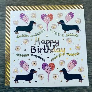 Dachshund Dog Happy Birthday Gold Metallic Greeting Card